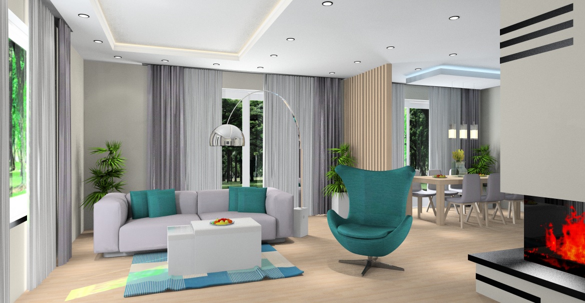 Elegancki salon z jadalnią - aranżacja, widok na sofę, kominek, stół, wnętrze nowoczesne w ciepłych kolorach, sufit podwieszany, fotel, lampę stojącą